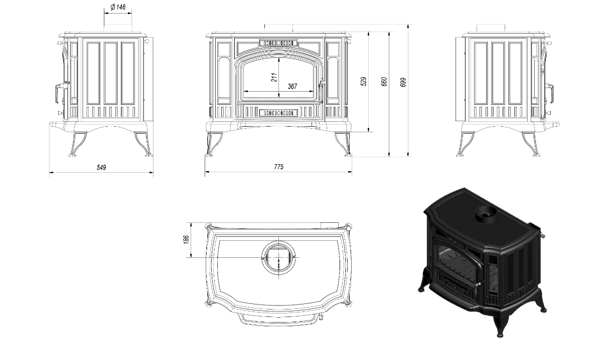 Размеры печи Kratki Koza K9 150 ASDP
