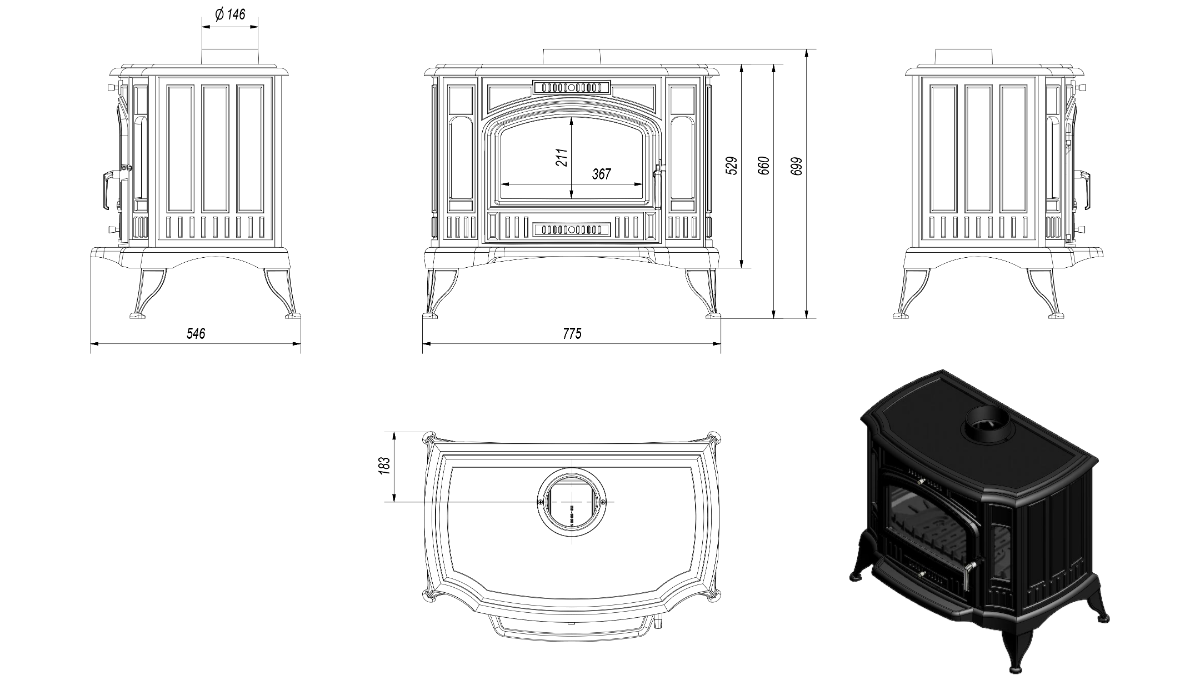 Размеры печи Kratki Koza K9 150
