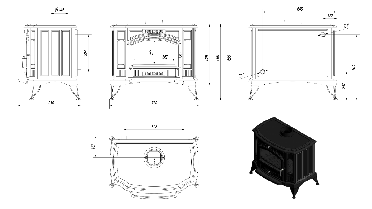 Размеры печи Kratki Koza K9 150 PW Размеры печи Kratki Koza K9 150 PW